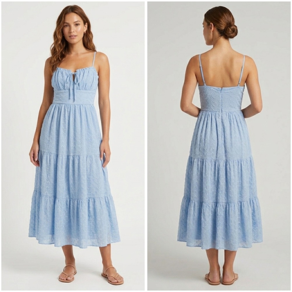 Altar'd State Demi-AS Light Blue‎ Floral Embroidered Tiered Midi Dress Womens XS